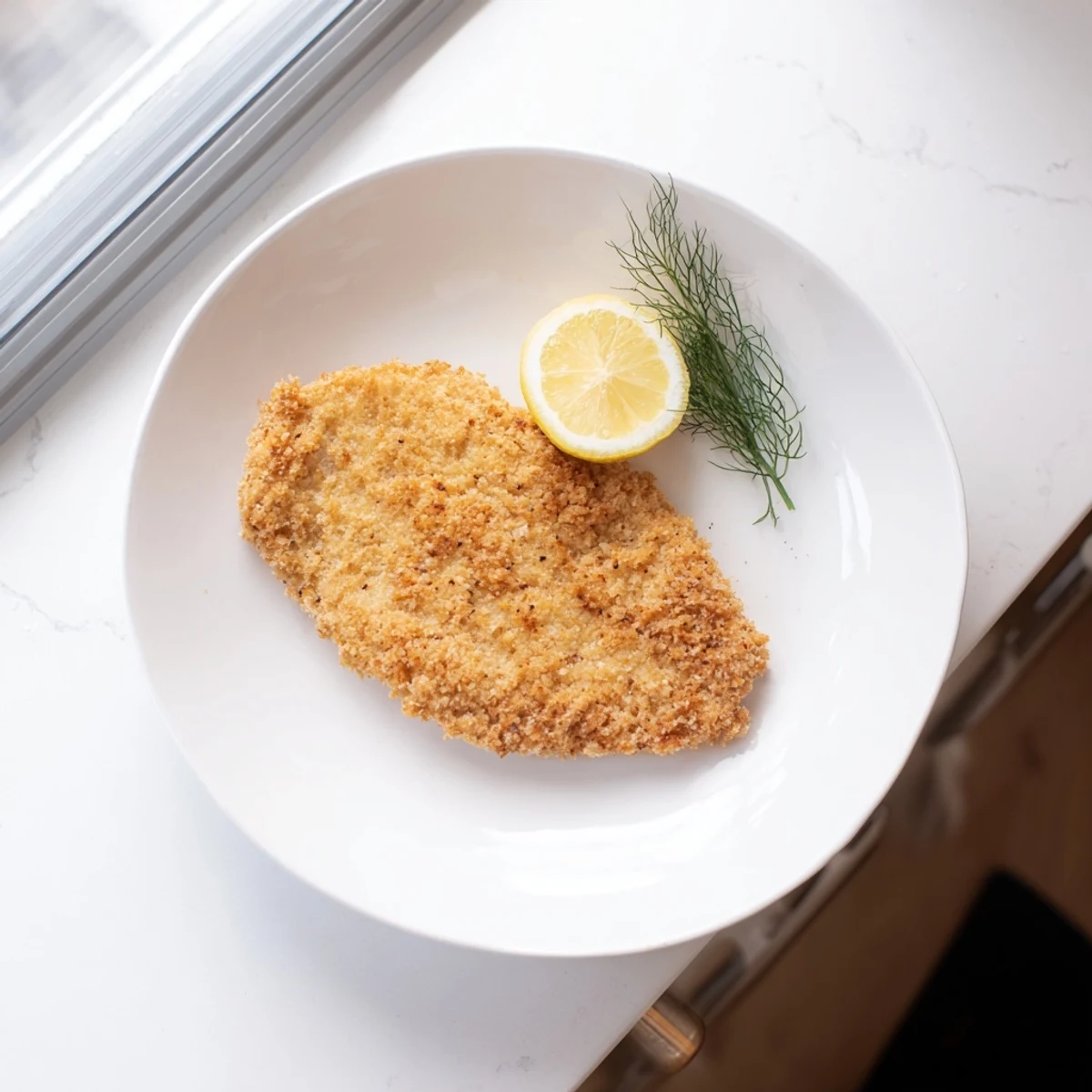 Close-up of pickle-brined chicken cutlets, highlighting the crunchy breadcrumb crust and tender chicken underneath.