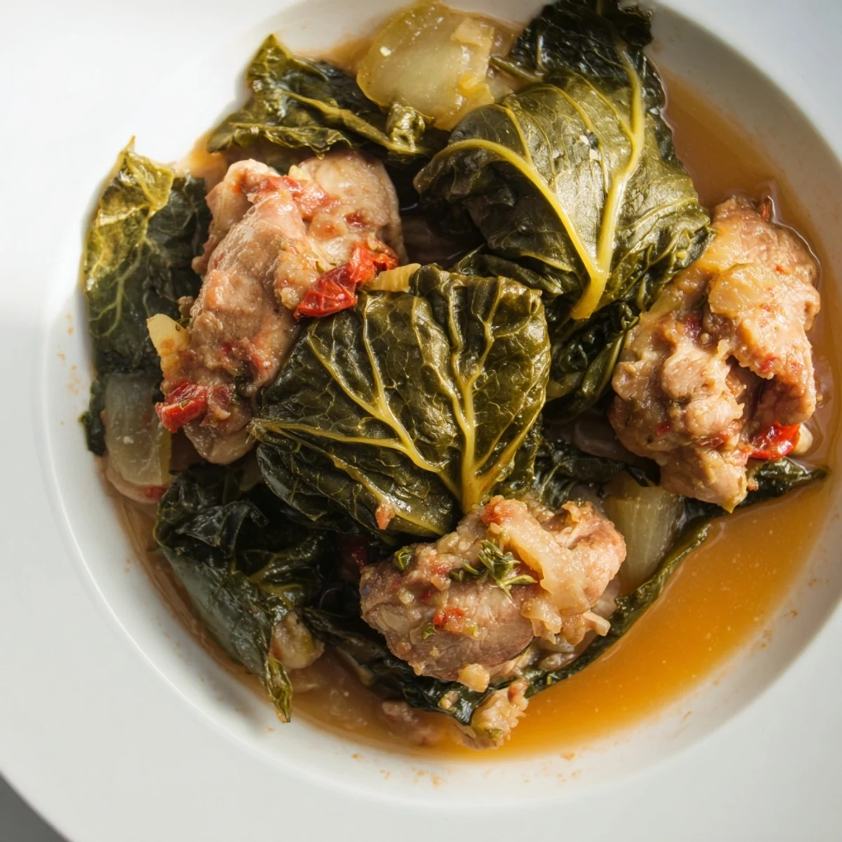 A close-up of tender Southern-style collard greens, packed with smoky turkey and spices, ready to serve.