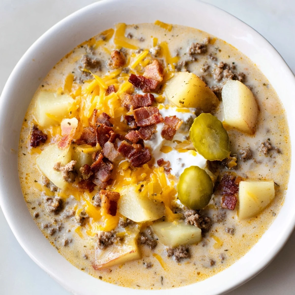 Thick, hearty Crockpot Cheeseburger Soup: a comforting slow-cooked meal loaded with rich cheddar cheese.