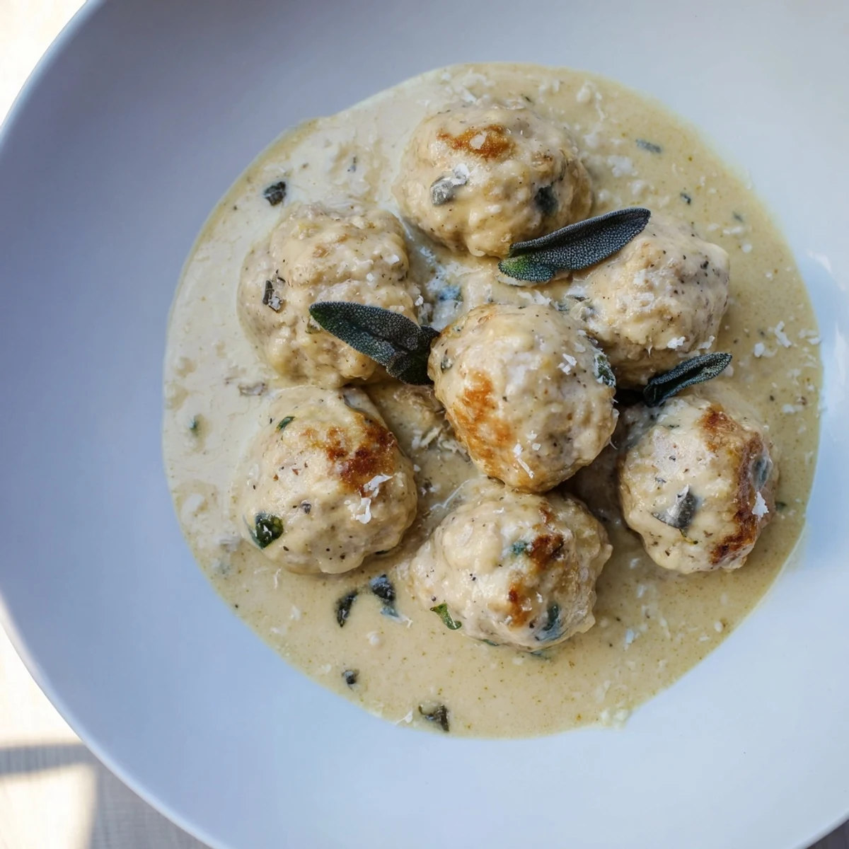 Golden-brown turkey meatballs simmering in a rich, flavorful pumpkin sage sauce.