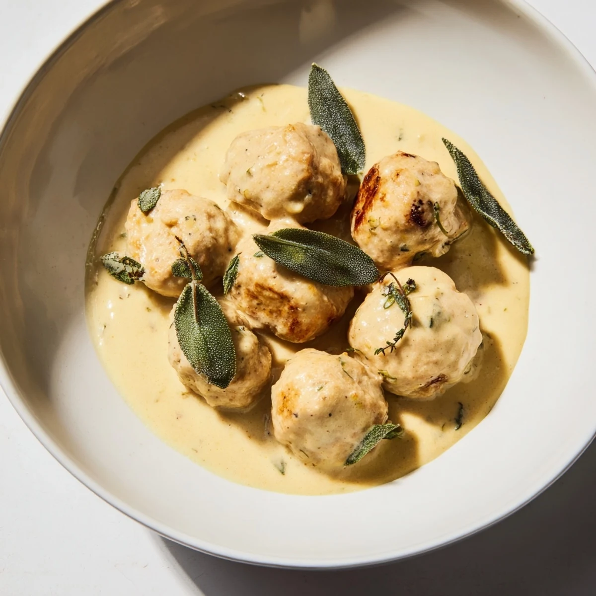 A hearty bowl of turkey meatballs with pumpkin sage sauce, perfect for a fall meal.