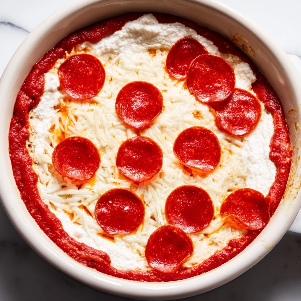 This pizza dip boasts melted mozzarella with visible pepperoni, a classic party appetizer easily made!