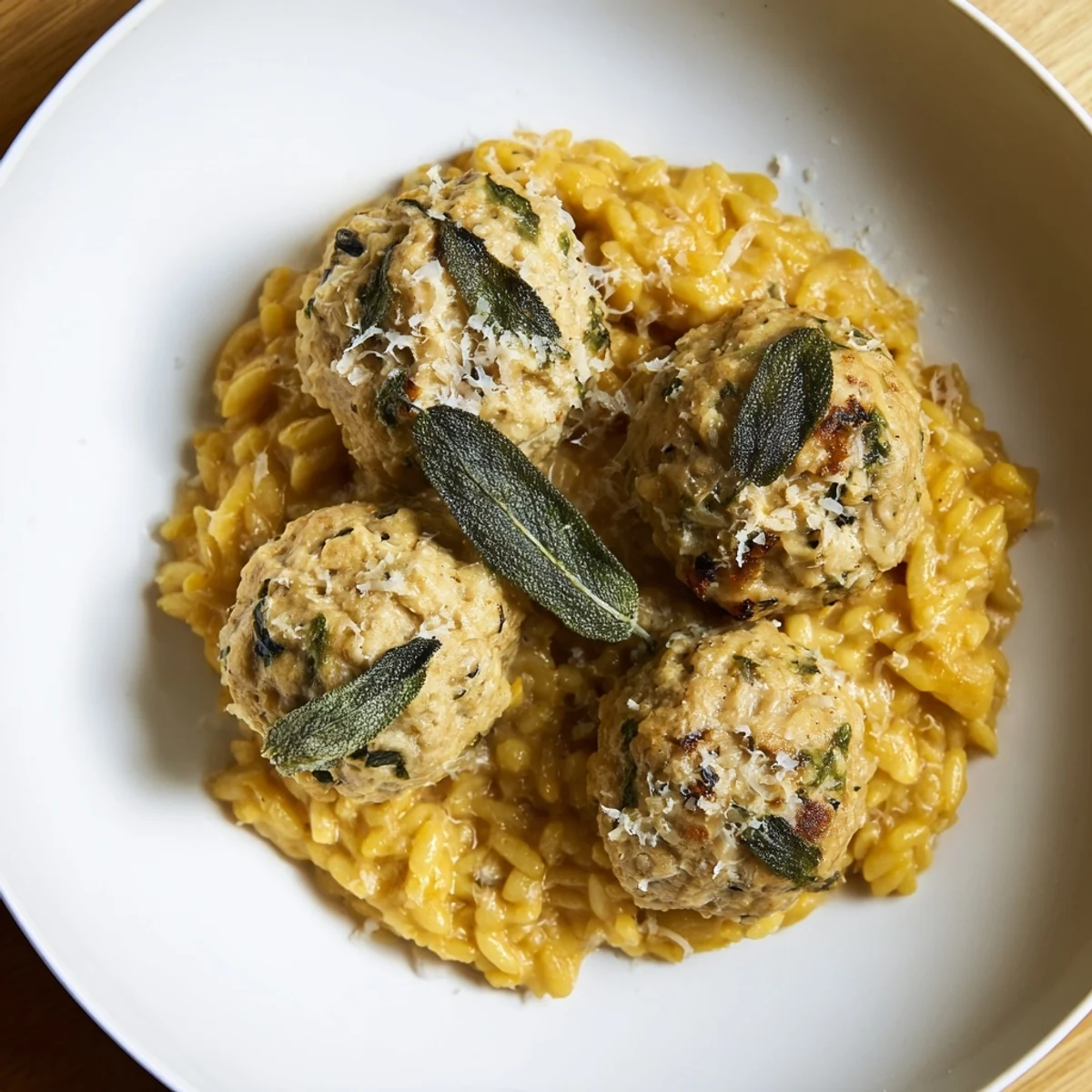 Savory sage turkey meatballs with creamy pumpkin orzo, garnished with fresh herbs and Parmesan.