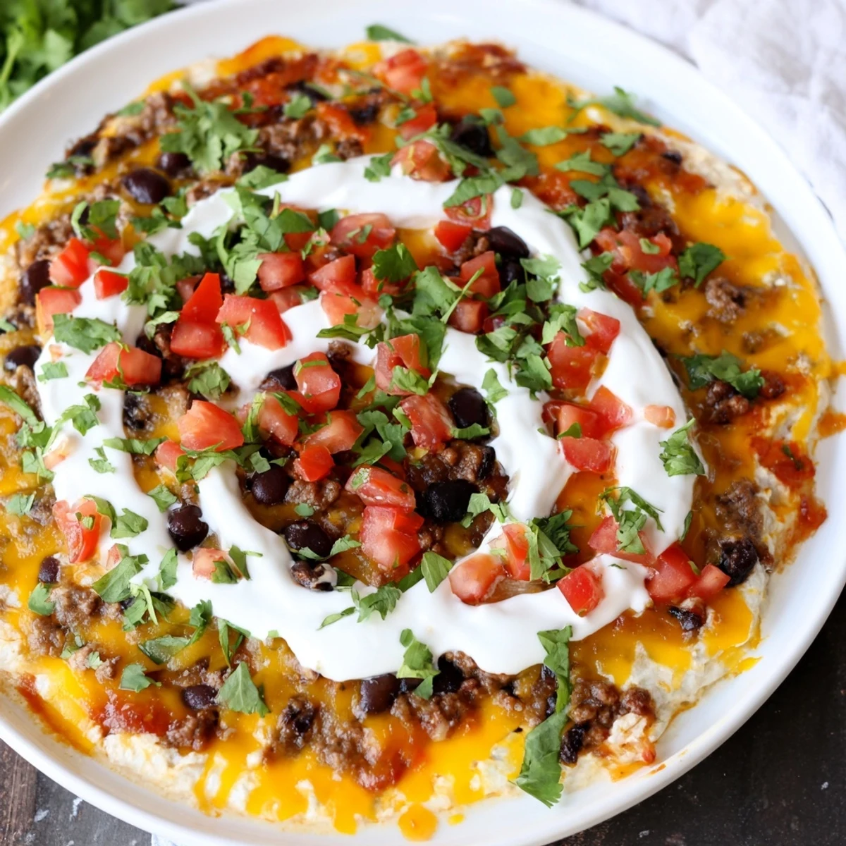 A steaming bowl of Slow Cooker Cream Cheese Taco Dip, ready to be scooped with crispy tortilla chips.