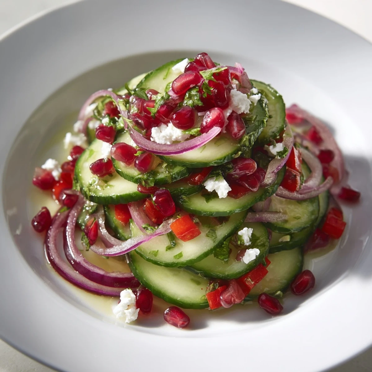 Festive Healthy Cucumber Christmas Salad with crisp cucumbers and red bell peppers, perfect for a holiday meal.