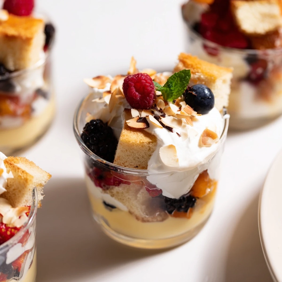 Vibrant Christmas Trifle Cups, layered with fruits, custard, cream, and adorned with chocolate shavings.