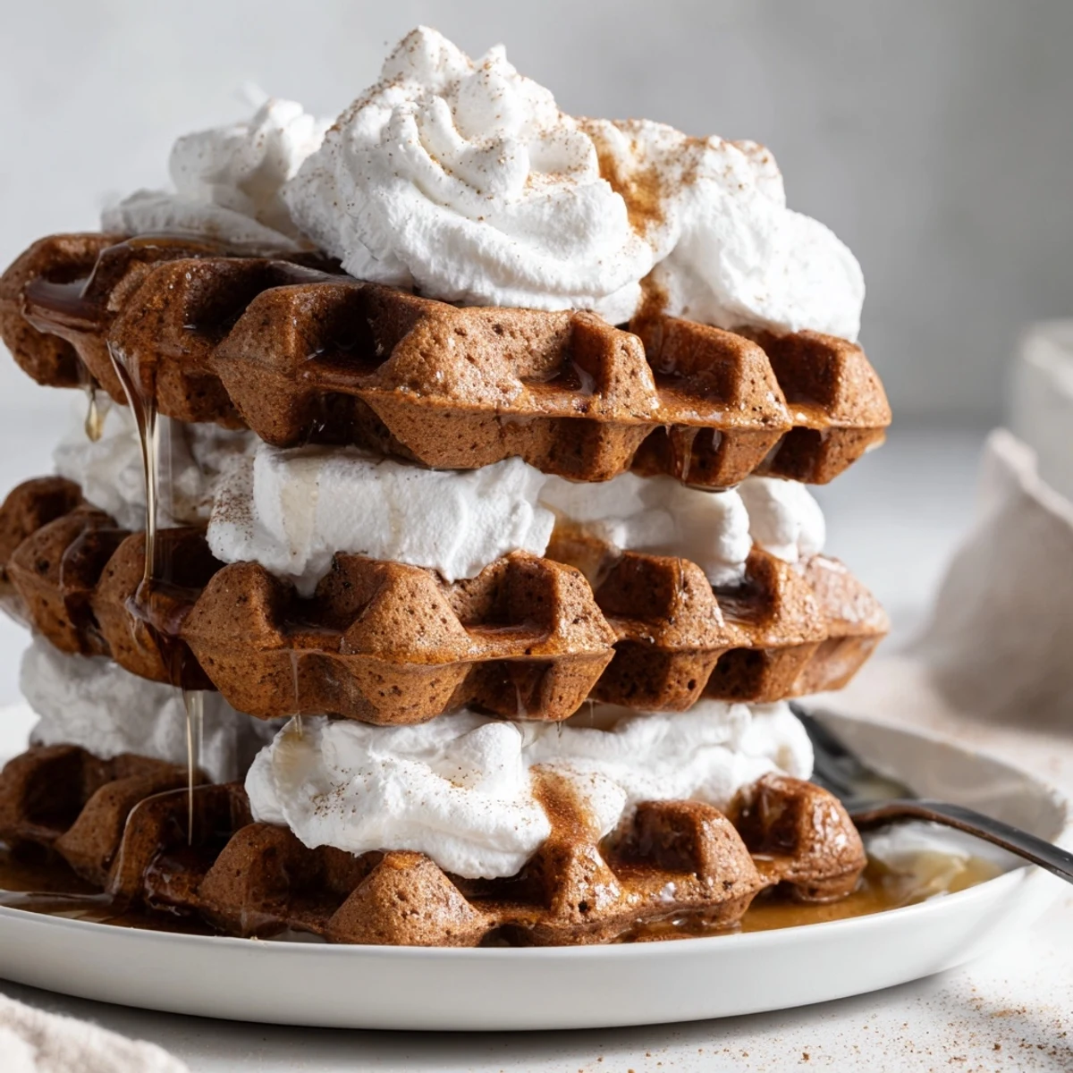 A stack of fluffy Express Gingerbread Waffle Stacks with a rich, inviting aroma, ready for a delicious breakfast.