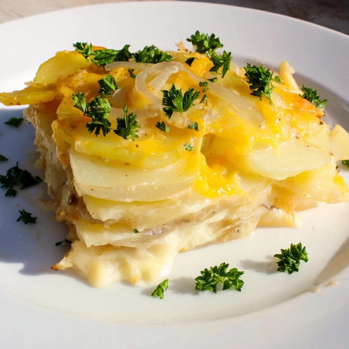 Golden brown Budget-Friendly Potato Layer Bake, showcasing tender potato slices and bubbly cheese.