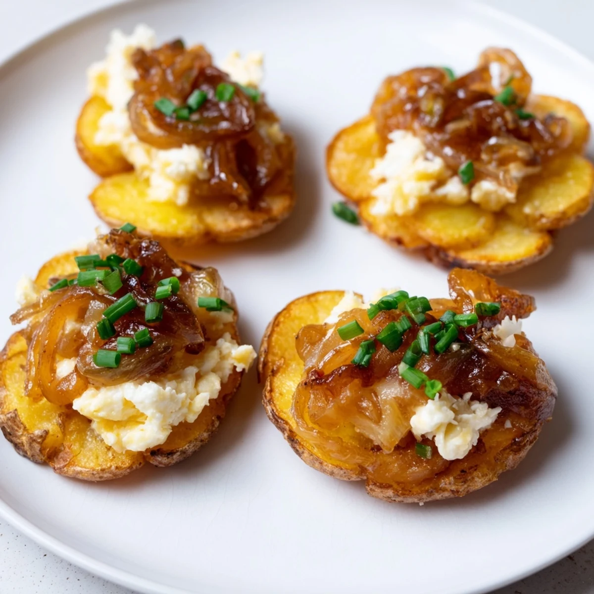 Delicious Lightened French Onion Potato Bites: crispy potato rounds with a creamy cheese topping, ready to enjoy.