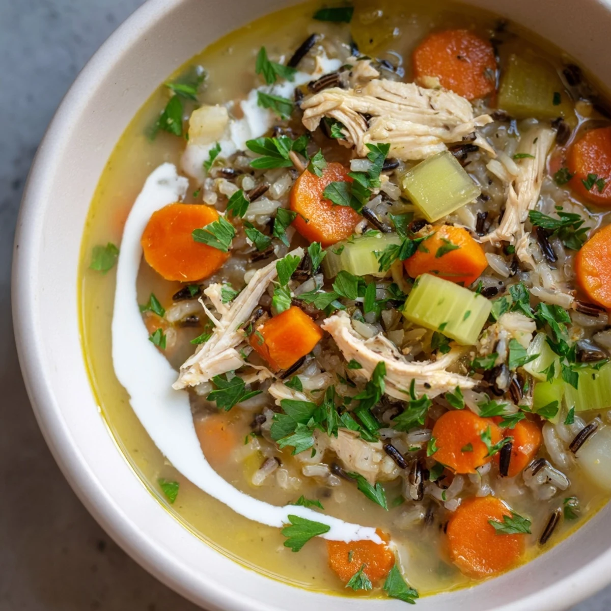 Enjoy a warm and delicious serving of Quick Chicken and Wild Rice Soup, perfect with crusty bread.