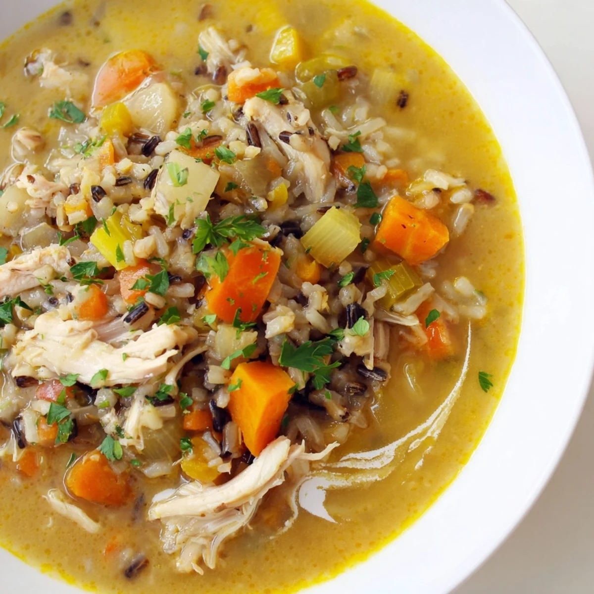 Steaming bowl of Quick Chicken and Wild Rice Soup, garnished with parsley, a hearty, comforting dinner.