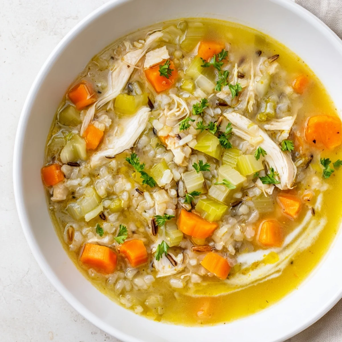 Close-up of Quick Chicken and Wild Rice Soup showing tender chicken and fluffy wild rice, savory and filling.