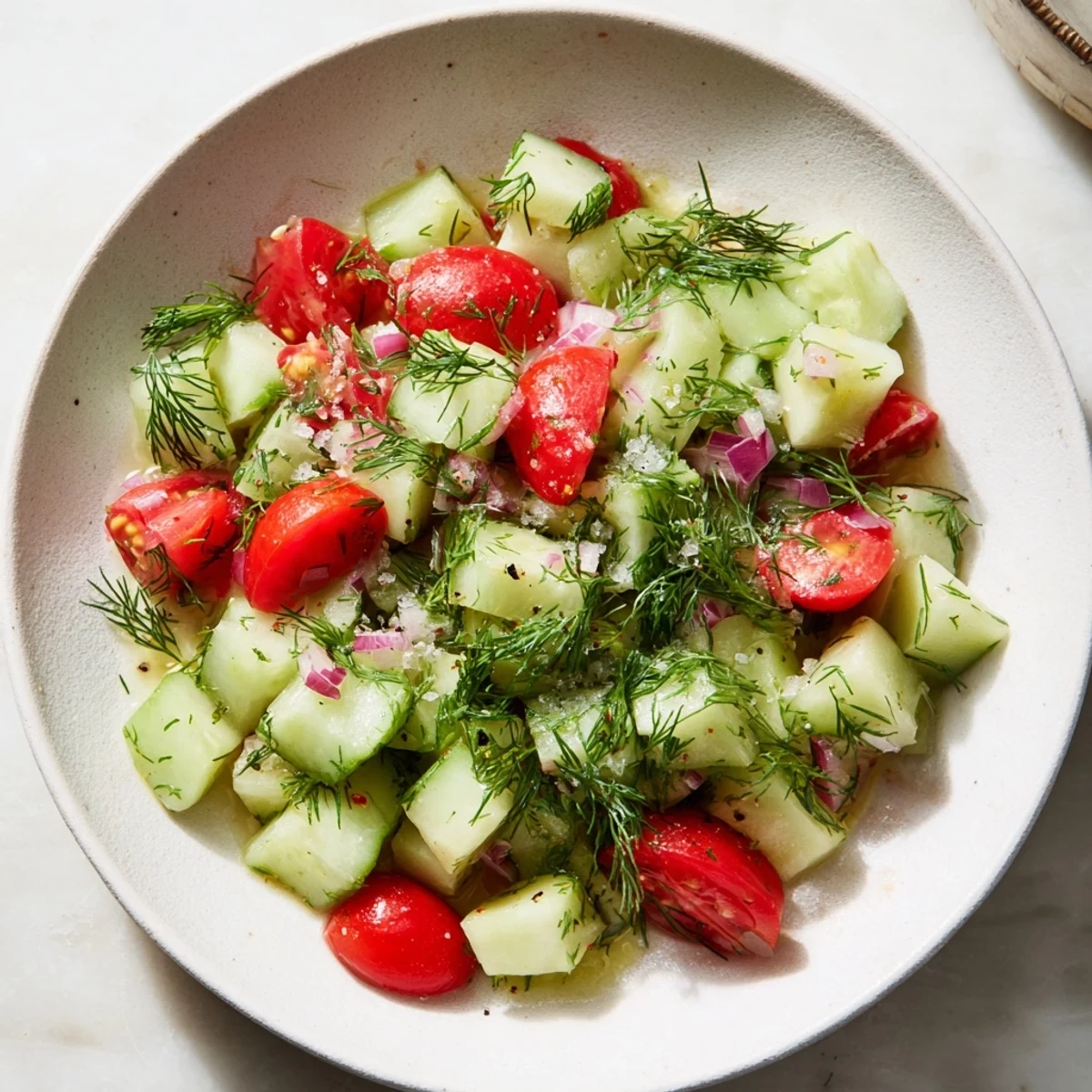 Simple Cucumber and Dill Chopped Salad, boasting vibrant green cucumber chunks and herbs, refreshingly prepared with a zesty lemon dressing.