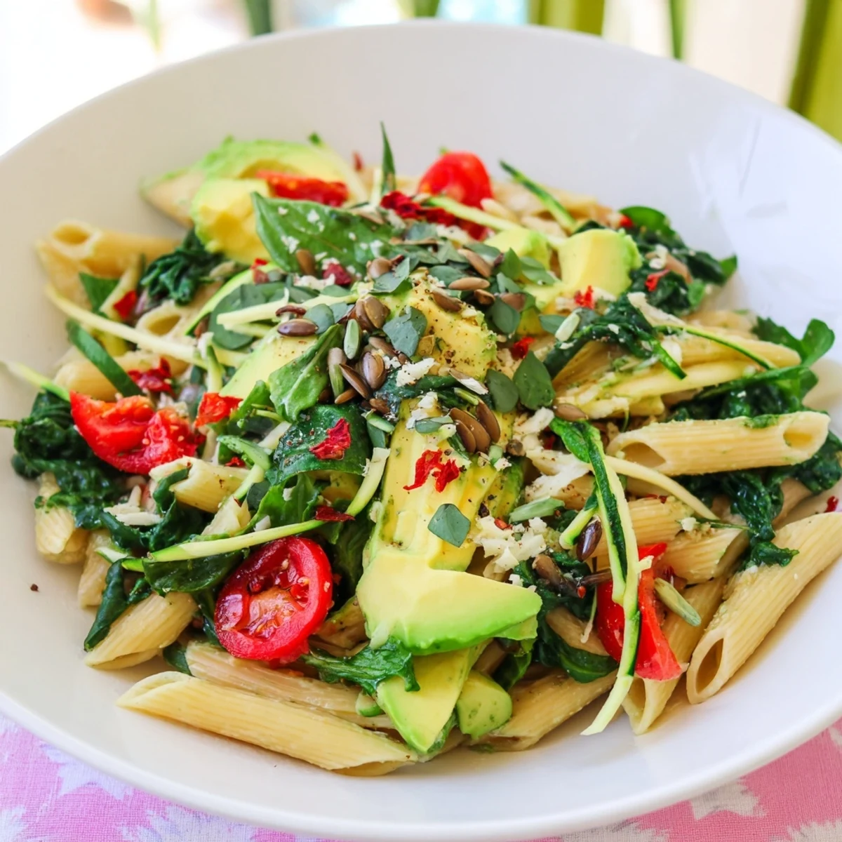 A bowl of Vegan Green Goddess Pasta with blended spinach, ready to savor a vegan meal.