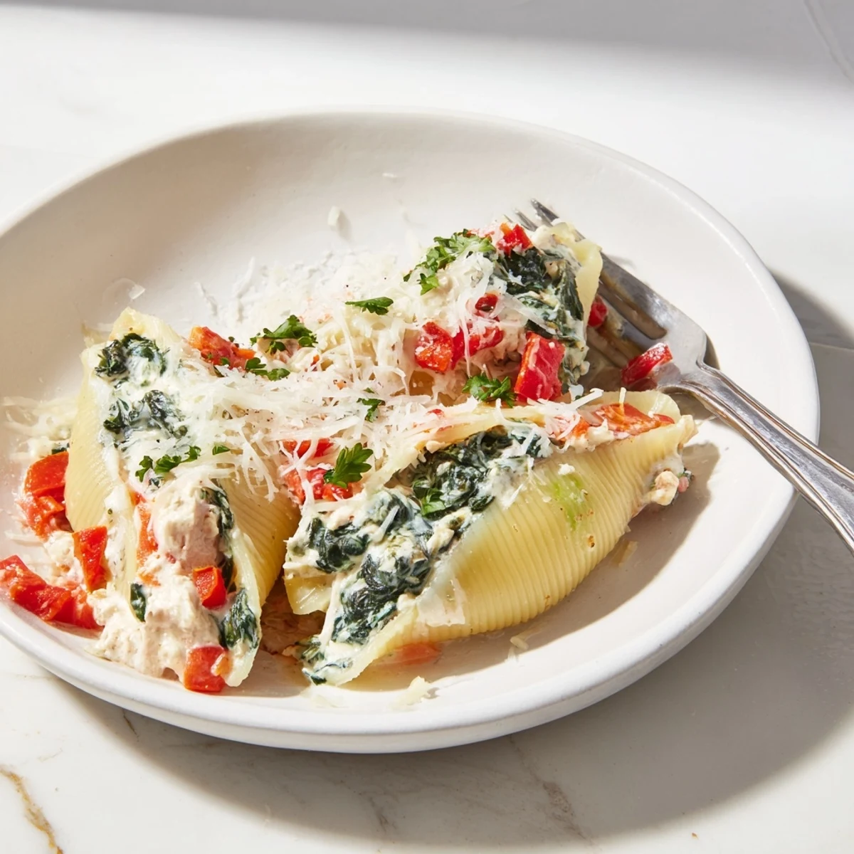 High-Protein Cottage Cheese Alfredo Christmas Shells, bubbly and cheesy, ready for a delicious holiday meal.