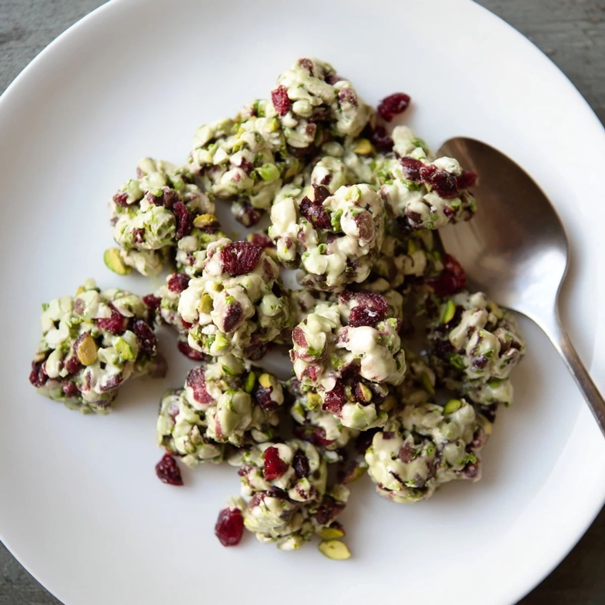 A close-up of Matcha White Chocolate Cranberry Bark Clusters; a delicious, elegant treat with pistachios.