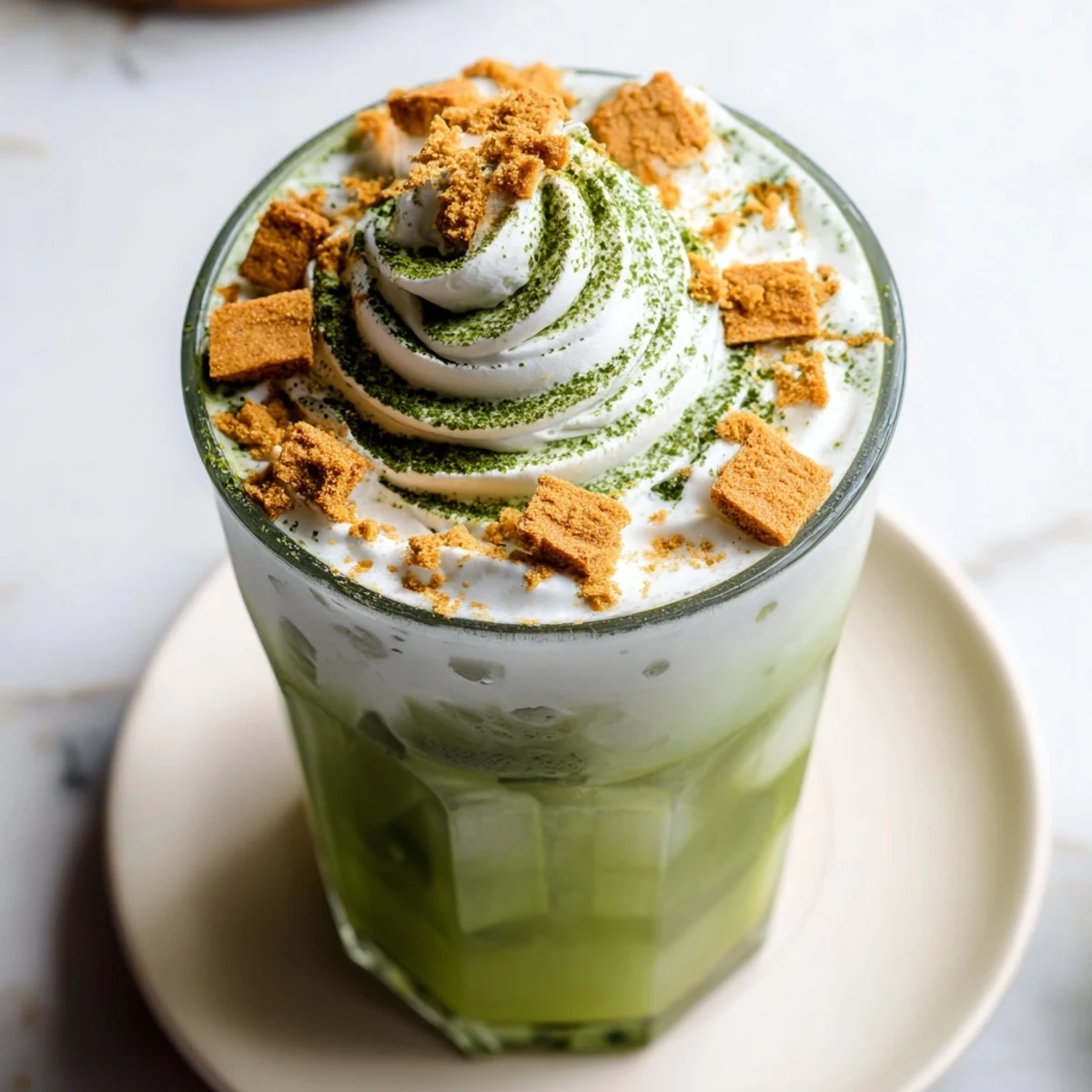 Frothy Sugar-Free Gingerbread Cookie Matcha Frappe, garnished with whipped cream and spices, looks utterly delightful.