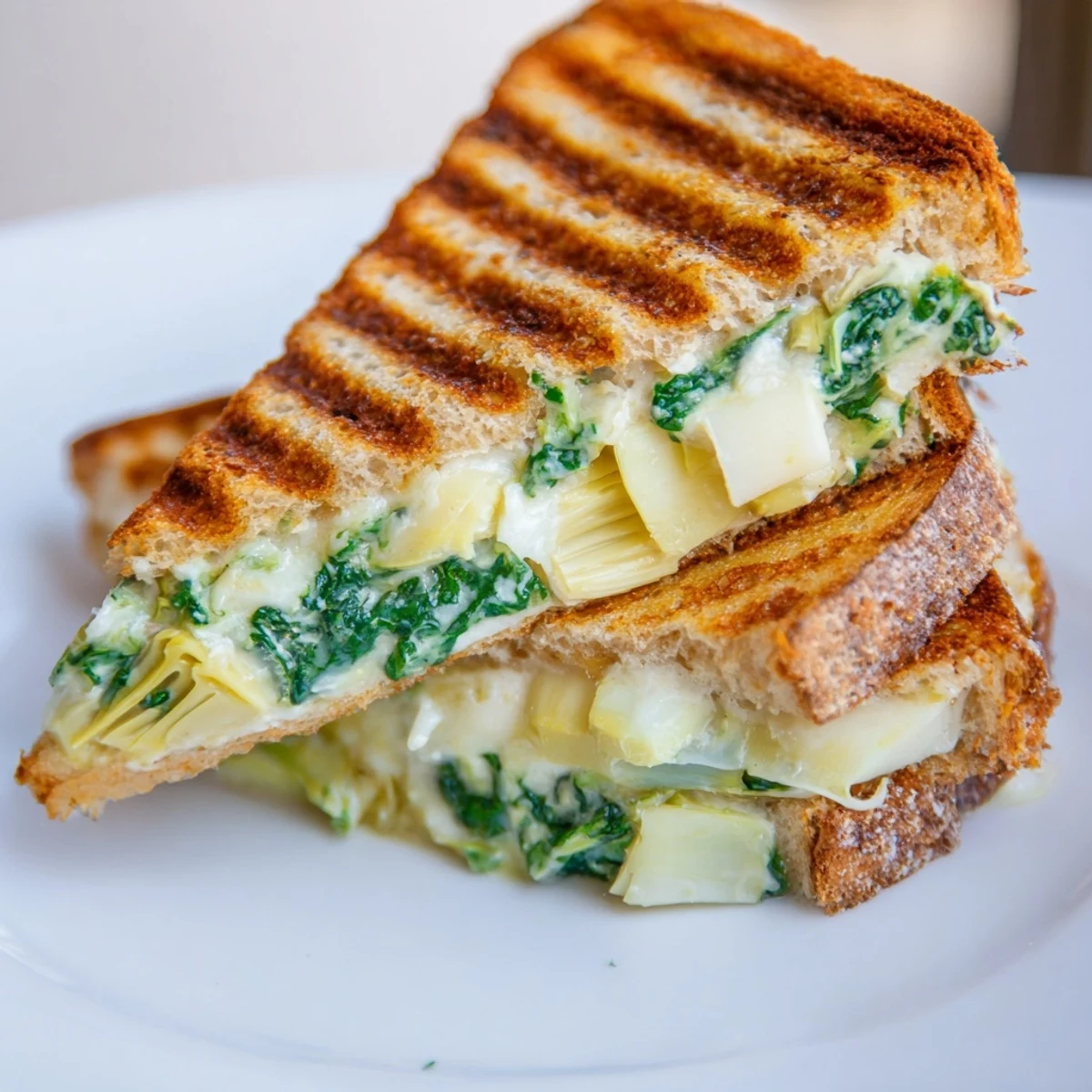 Golden, bubbling Sourdough Spinach Artichoke Dip Grilled Cheese, oozing cheesy goodness and ready to eat.