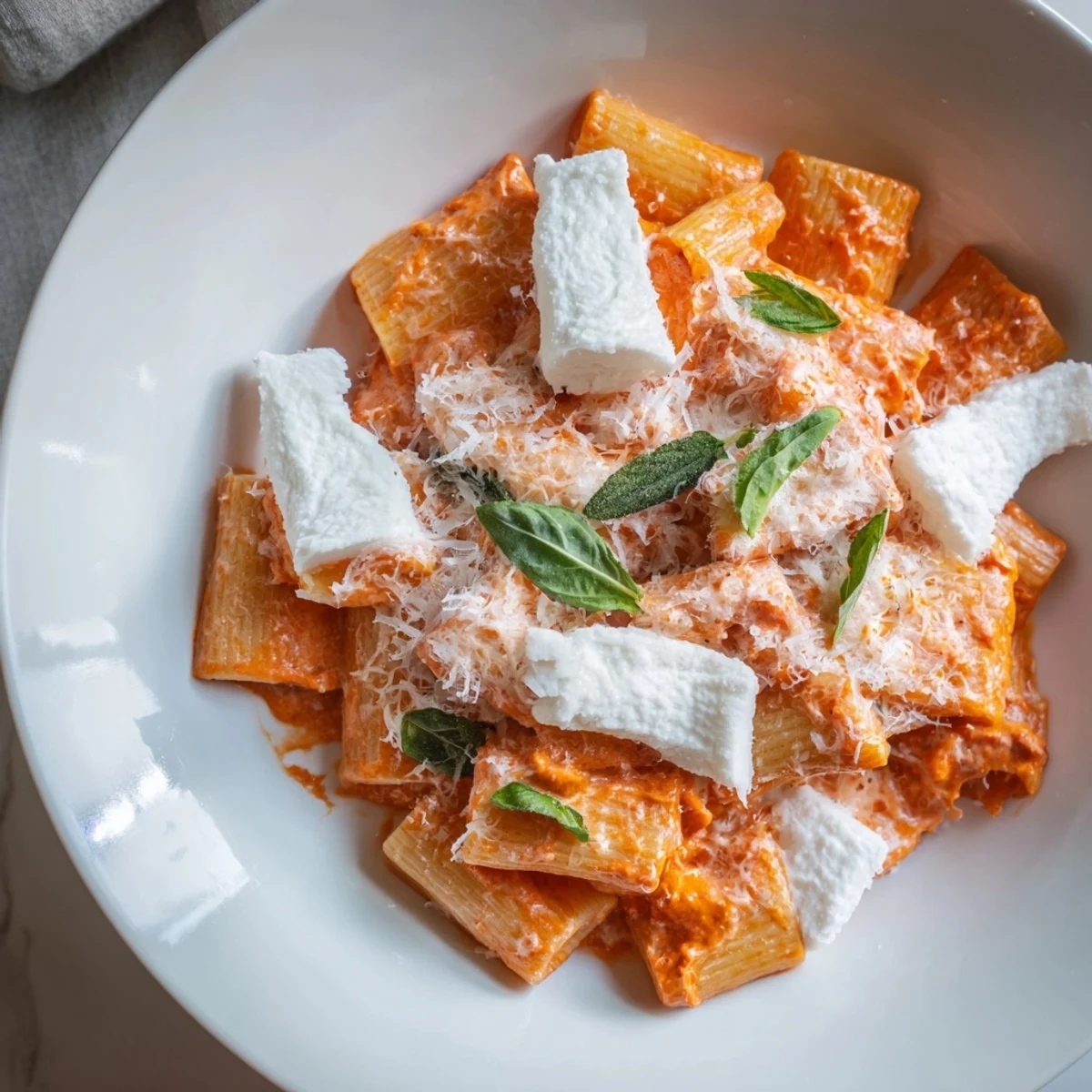Creamy roasted red pepper Santa Hat Pasta, a festive vegetarian meal is topped with creamy ricotta.