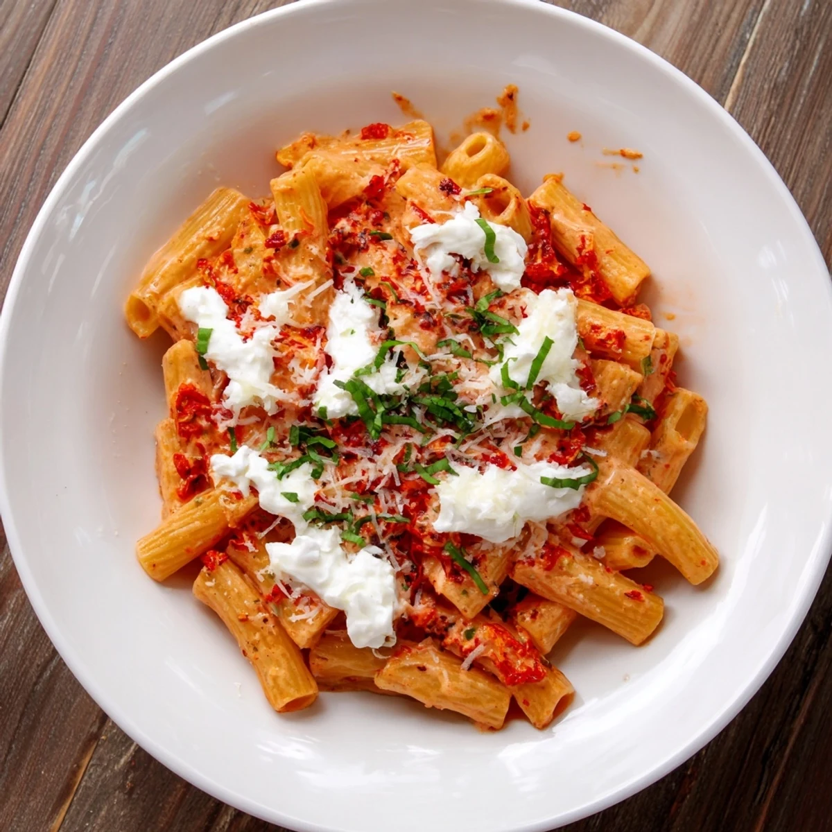 This photo features Creamy Roasted Red Pepper Santa Hat Pasta, a cheerful winter pasta dish with ricotta “hats”.
