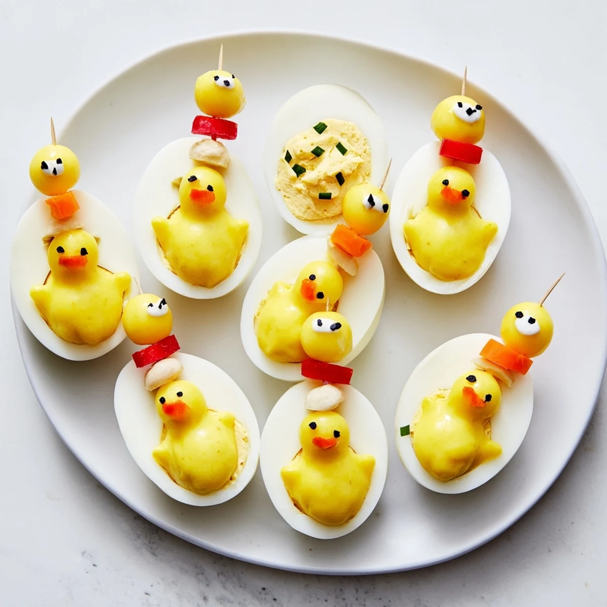 Vibrant Chick & Duckling Snacks: the cute appetizers feature carrot beaks and tiny peppercorn eyes.