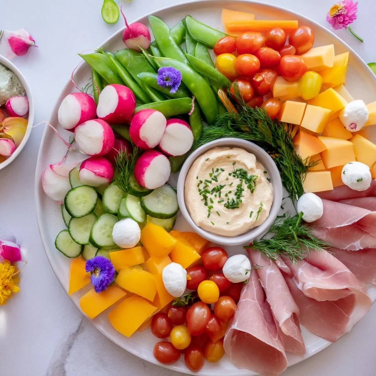 Spring Wreath Appetizer Platter, loaded with colorful veggies, cheese, and meats, a festive party starter.