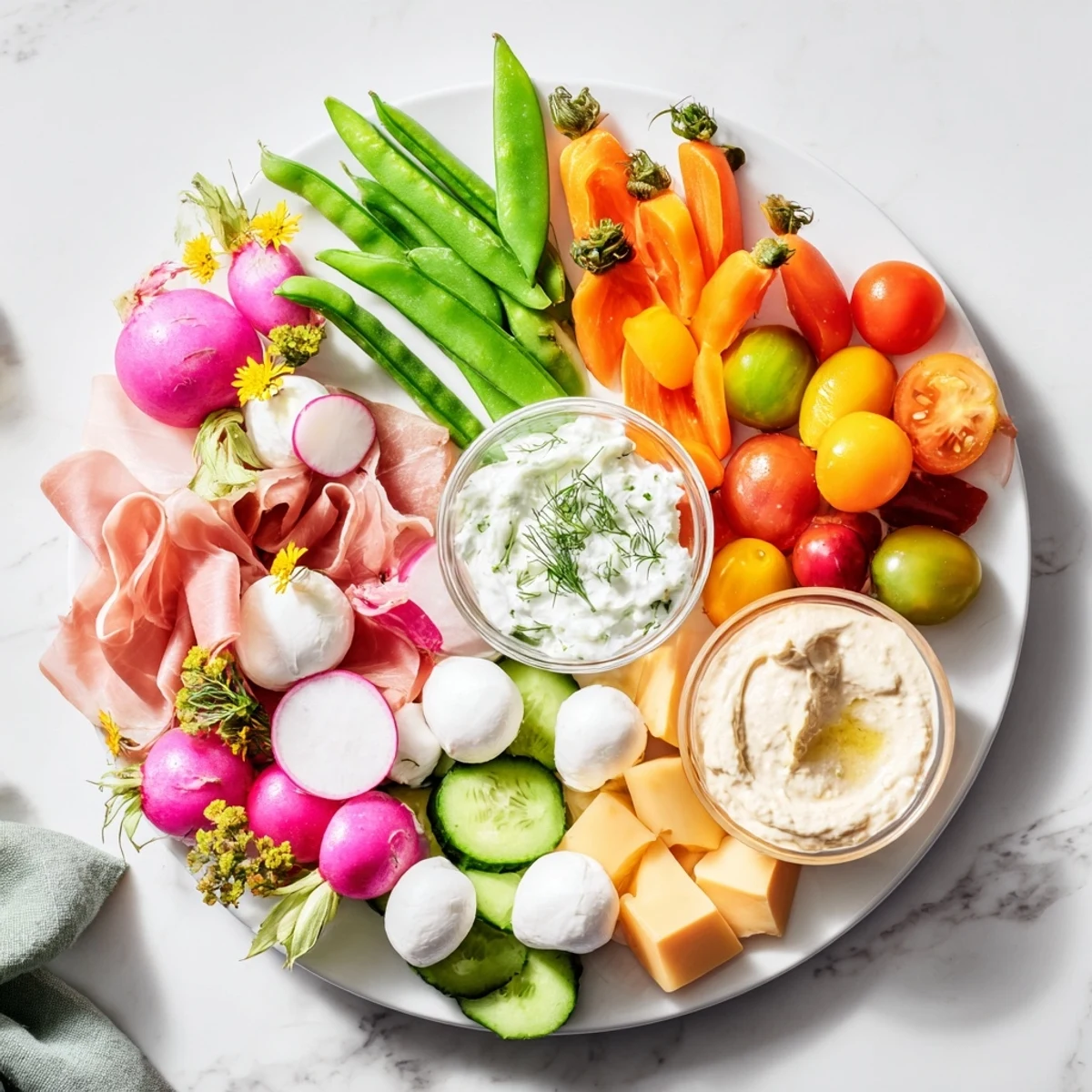 Fresh Spring Wreath Appetizer Platter features a beautiful arrangement of cheeses, meats, and veggies, ready to serve.