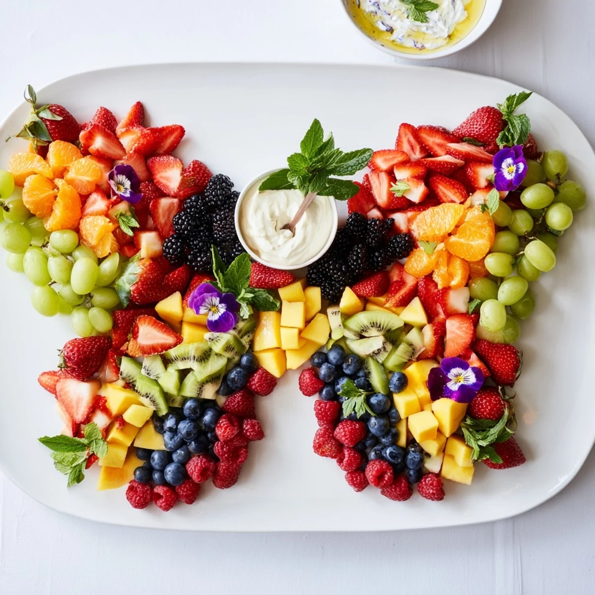Vibrant Butterfly Garden Fruit Board, a colorful, edible art centerpiece with fresh berries and pineapple.