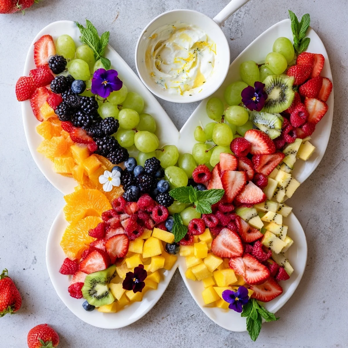 Taste the fresh flavors of the Butterfly Garden Fruit Board, a refreshing fruit platter with yogurt.