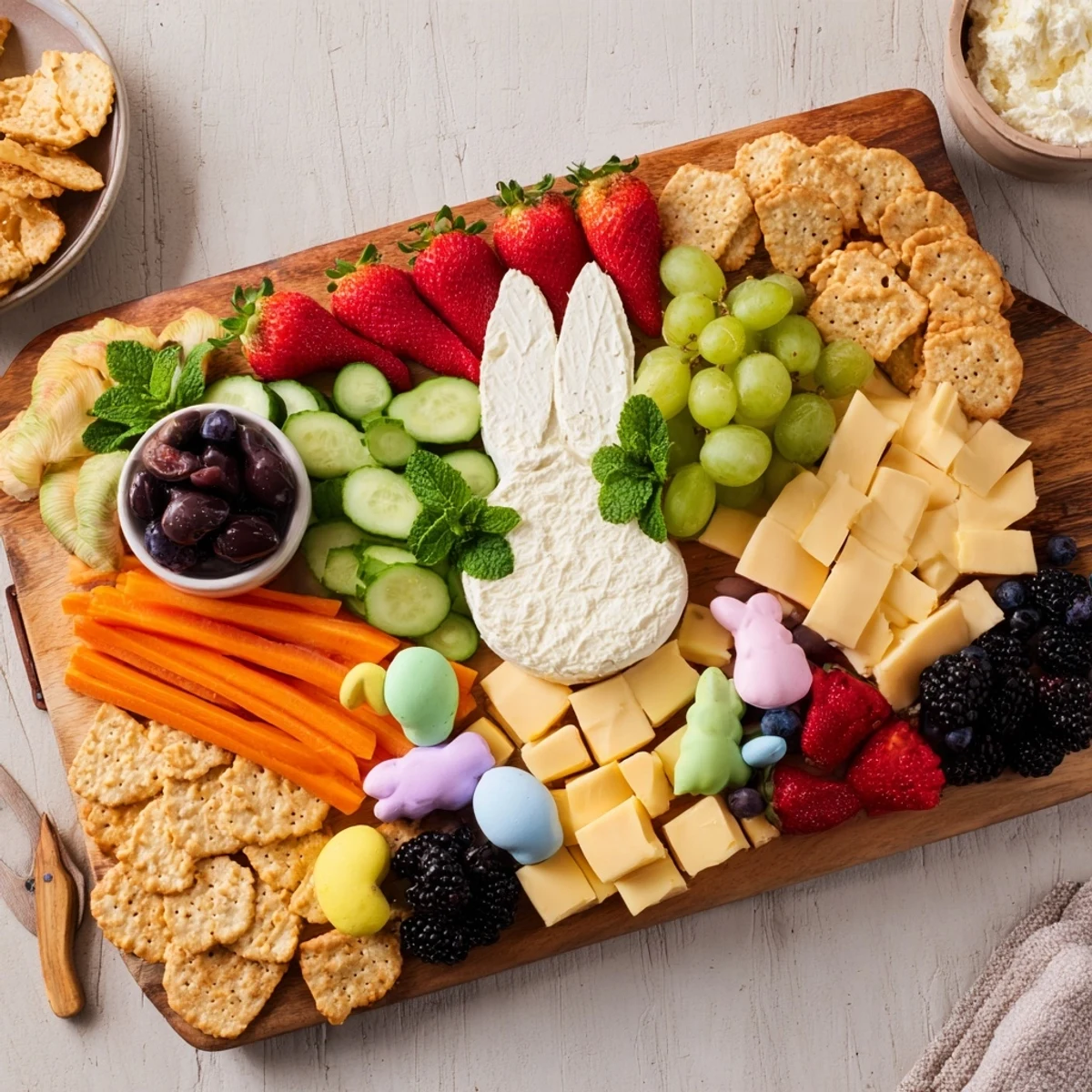 Bunny Ears Easter Board bursting with vibrant fruits, cheeses, and adorable marshmallow treats, perfect for sharing.