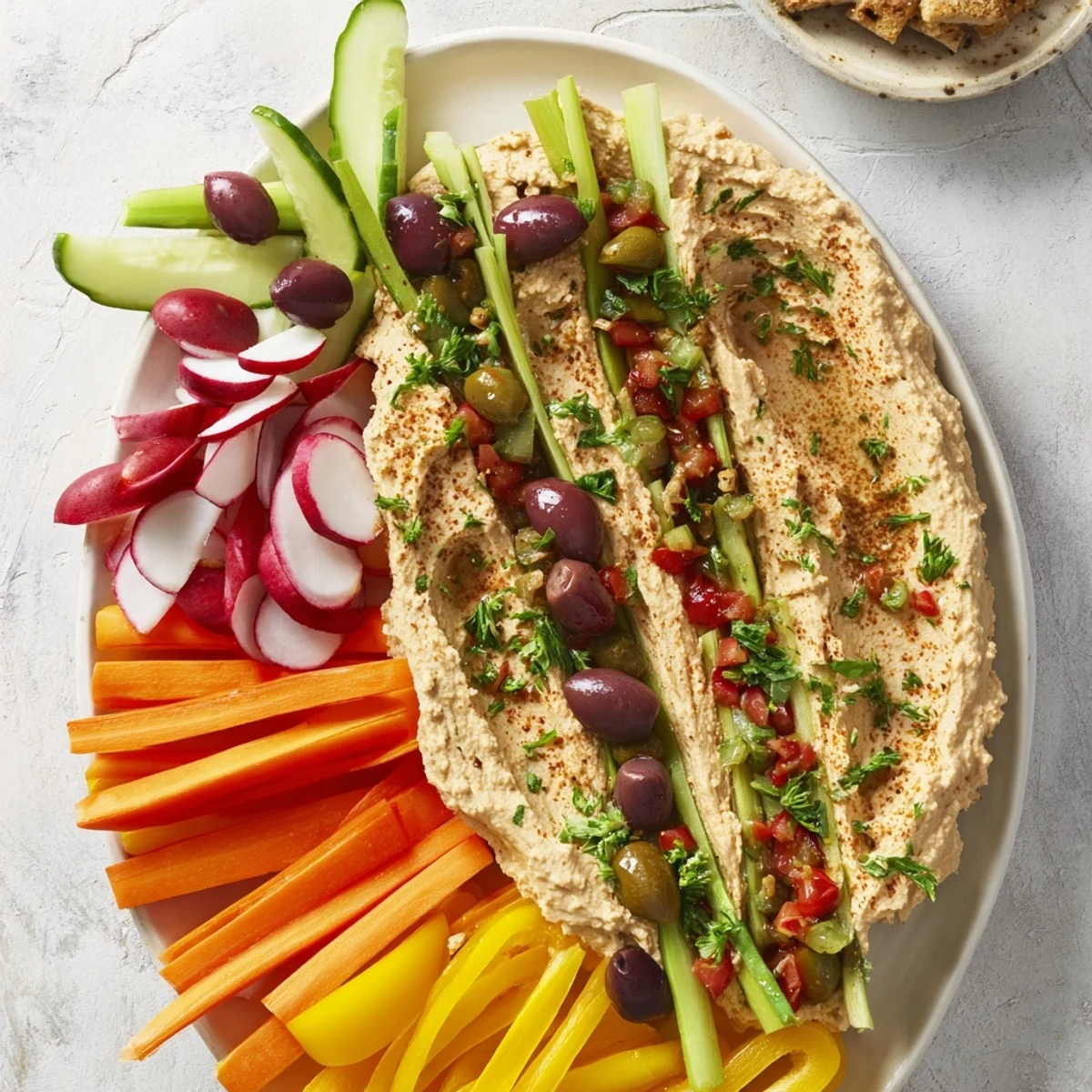 Freshly arranged Carrot Patch Veggie Board, with vibrant carrots emerging from creamy hummus “soil”.