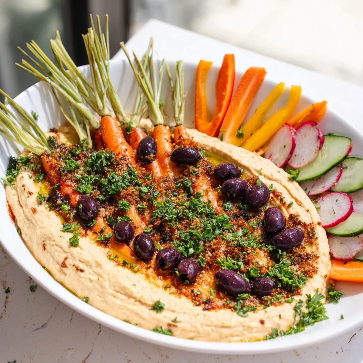 A colorful vegetarian Carrot Patch Veggie Board, perfect for dipping, highlighting fresh seasonal vegetables.