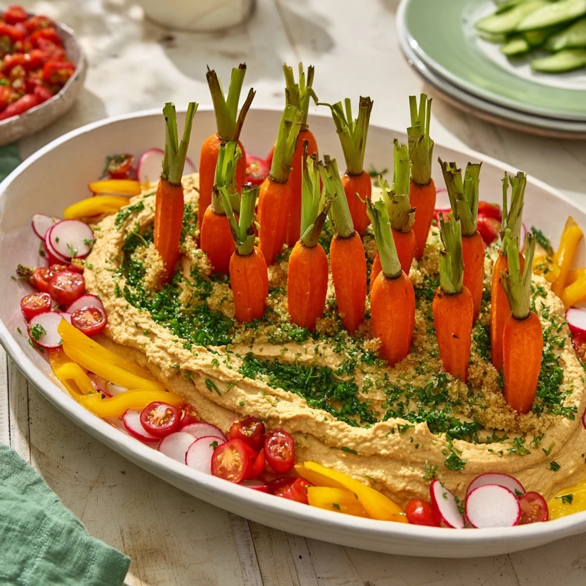 Close-up of a whimsical Carrot Patch Veggie Board, offering a delightful appetizer with varied crunchy vegetables.