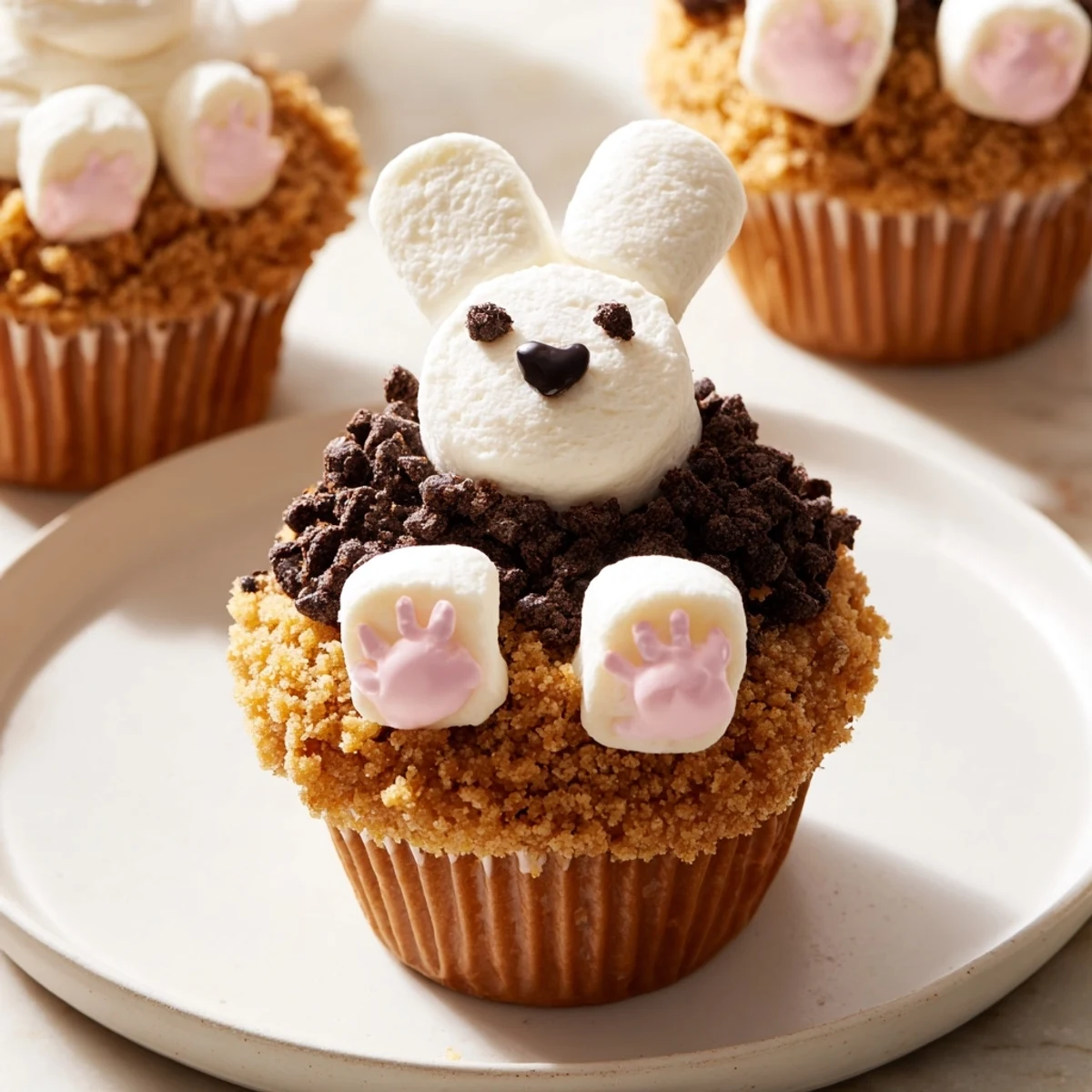 Bunny Burrow Cupcake Tray: Rich chocolate buttercream cupcakes with bunny bottoms peeking out from cookie "dirt."