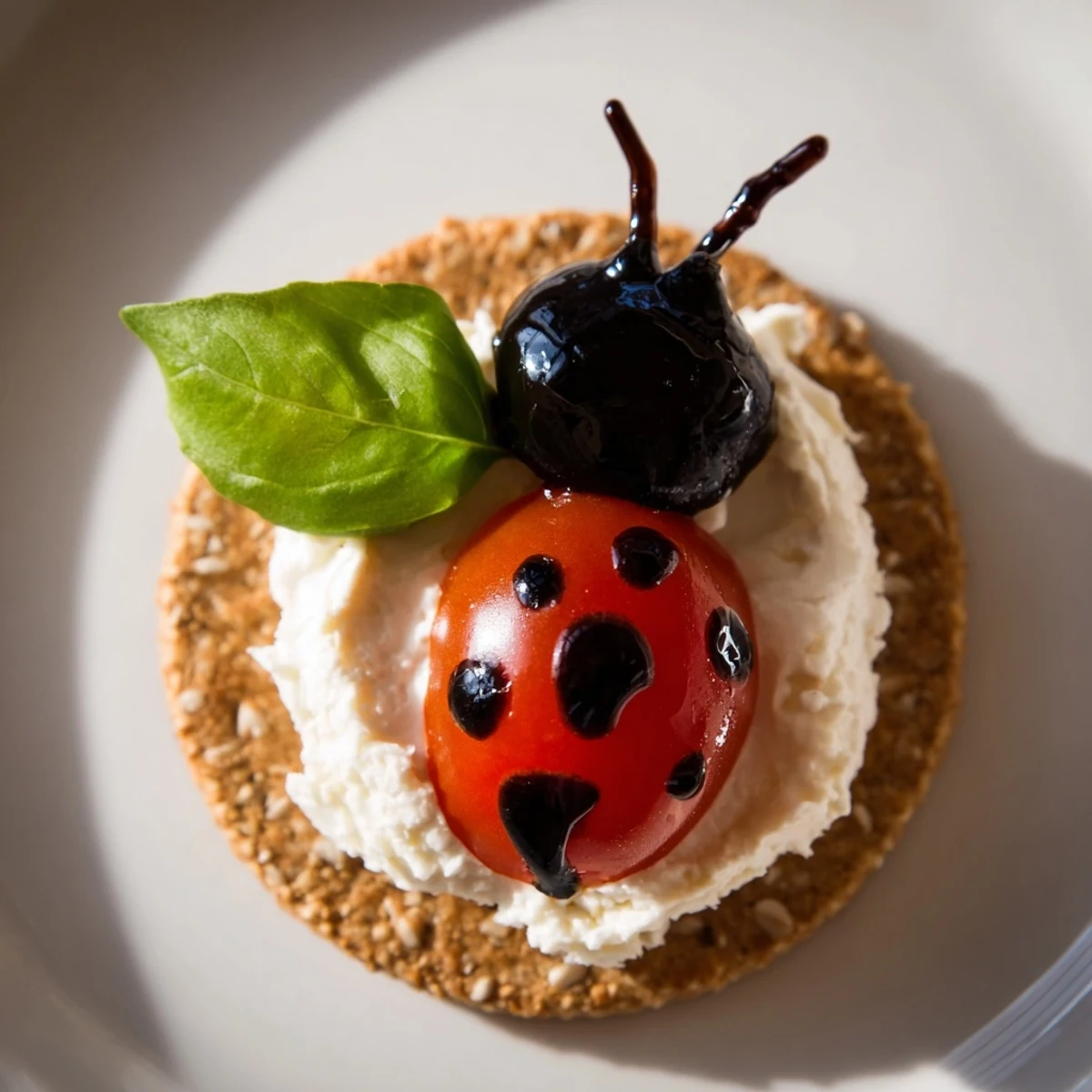 Ladybug Love Picnic Finger Foods feature vibrant cherry tomatoes and black olive ladybugs on crackers.