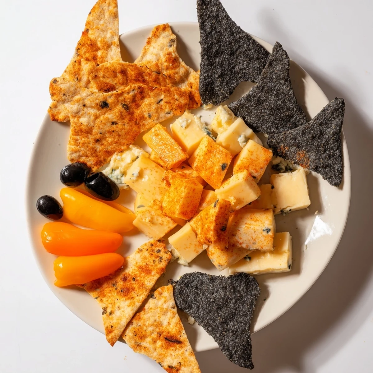 Festive Spooky Night Bat Halloween Board, brimming with bat-shaped tortilla chips, cheeses, and spooky sweets.