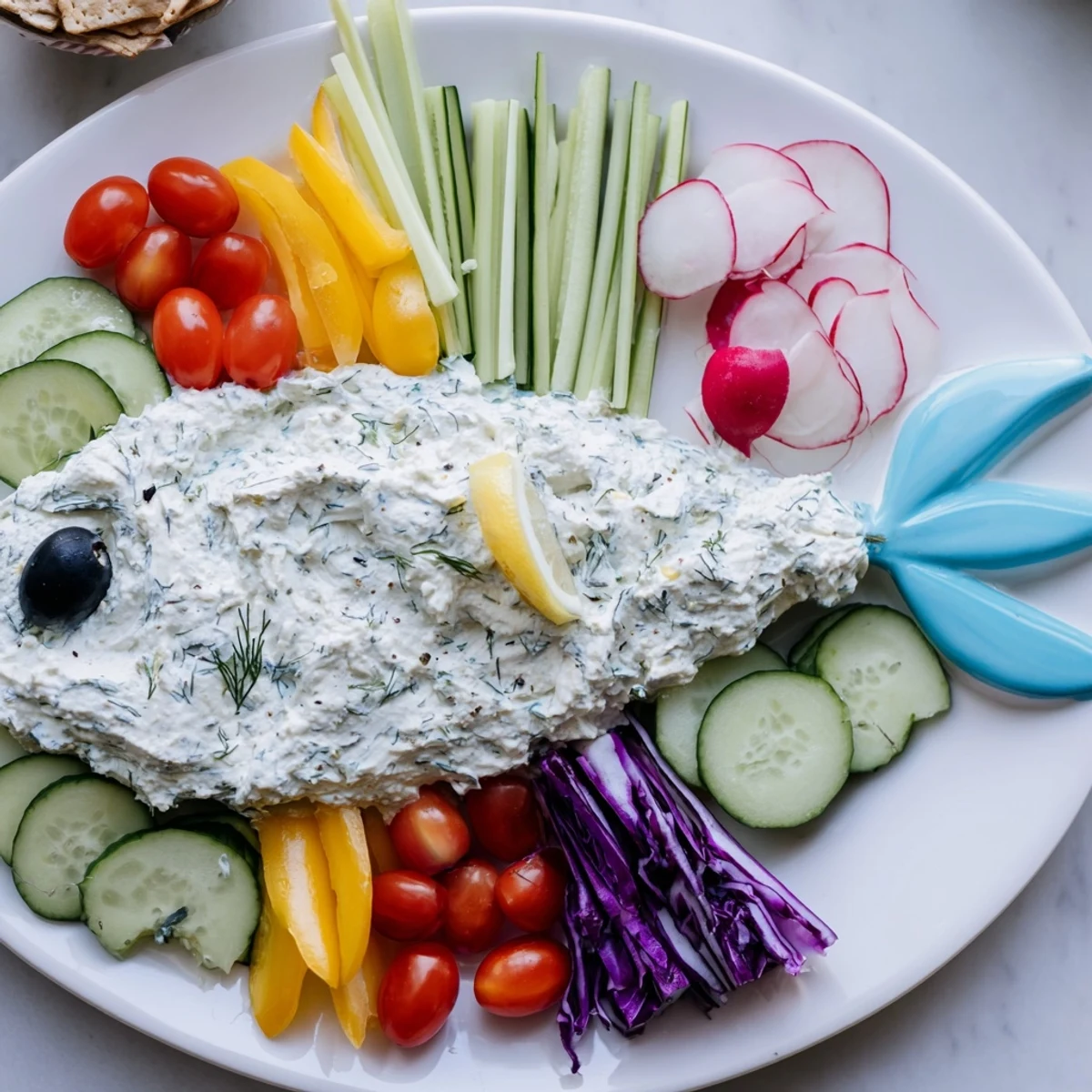 Ocean Blue Fish-Shaped Dip Tray beautifully showcases colorful vegetables surrounding creamy herbed and blue ranch dips.
