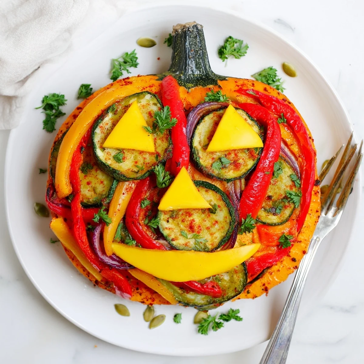 Enjoy this healthy, gluten free Pumpkin Lantern Halloween Plate, perfect for a fun Halloween meal.