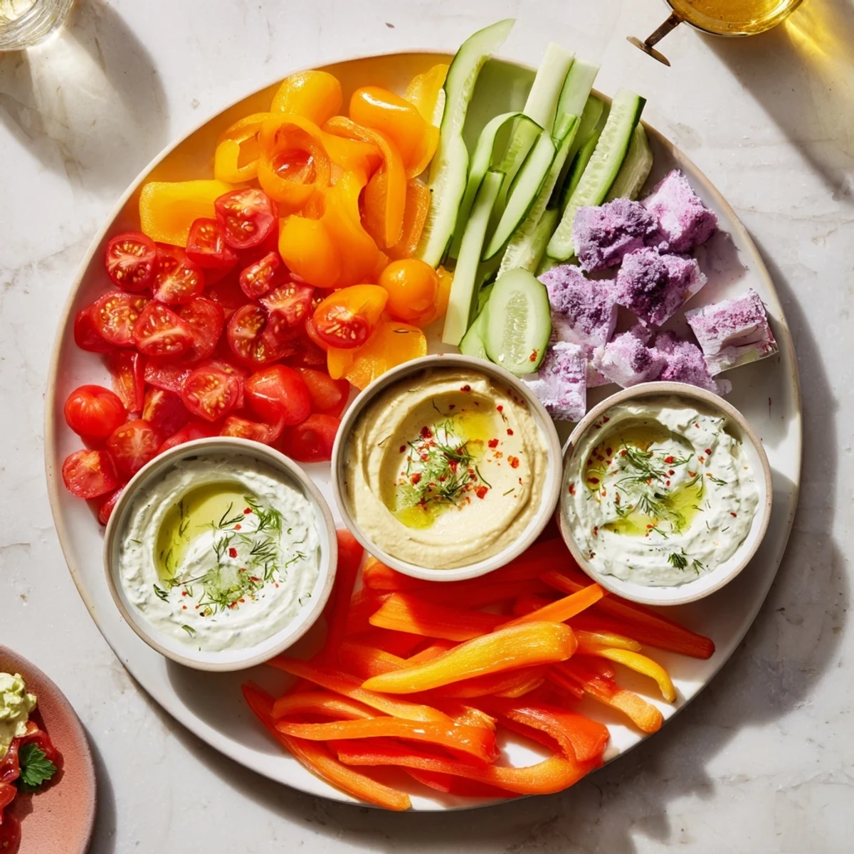 Vibrant Rainbow Vegetable Dips platter, featuring colorful carrots, peppers, and creamy homemade beet hummus.