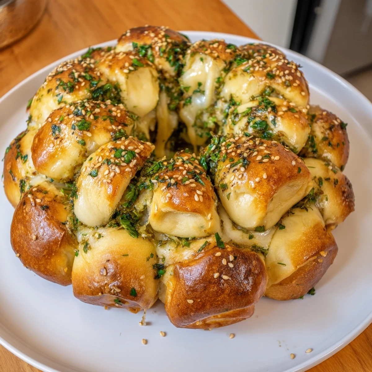 Fluffy and cheesy, this impressive Festive Pull-Apart Bread Wreath is perfect for any gathering.