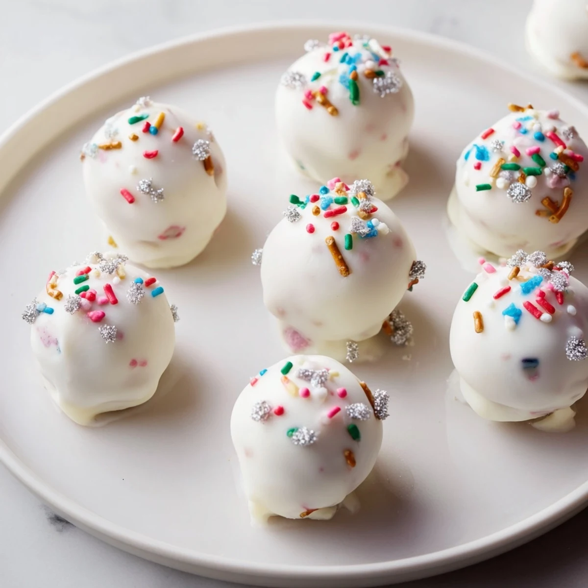 A close-up of vibrant Holiday Ornament Candy Balls, showing detailed sprinkle patterns and pretzel "hooks" for gifting.