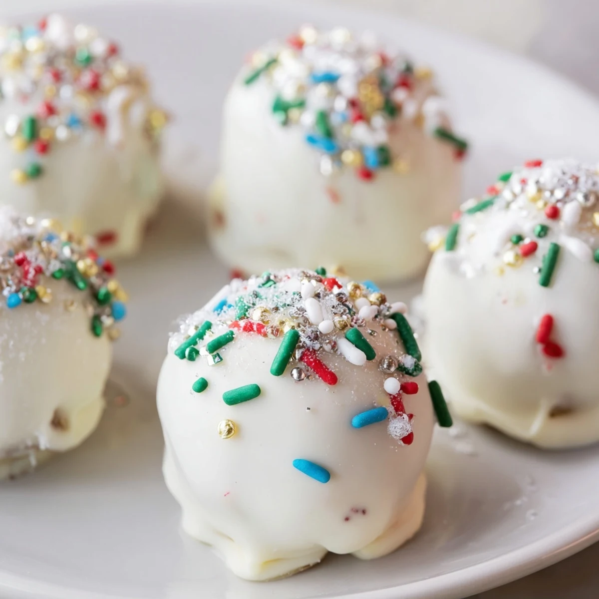 Festive Holiday Ornament Candy Balls, beautifully covered in white chocolate and colorful holiday sprinkles, ready to serve.