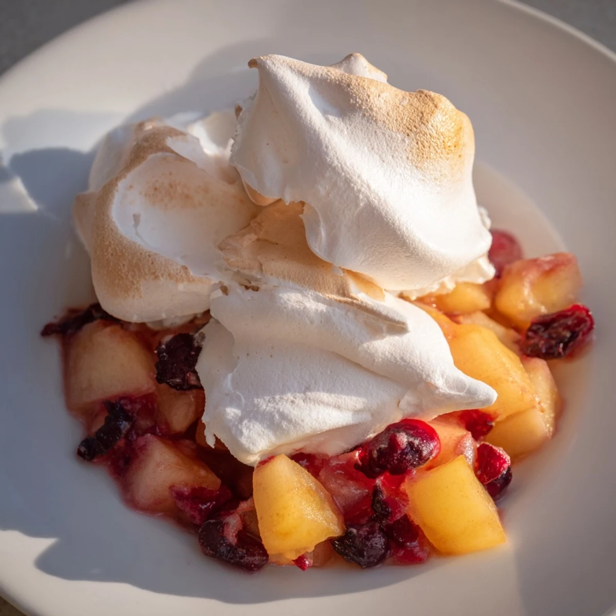 Fluffy meringue tops this beautiful Cranberry and Pear Snowscape, a perfect winter dessert served warm.