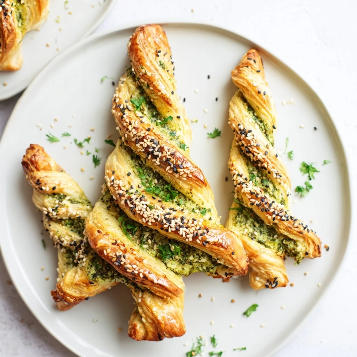 Golden-brown Puff Pastry Christmas Tree appetizer, a savory delight with cheese and pesto filling.