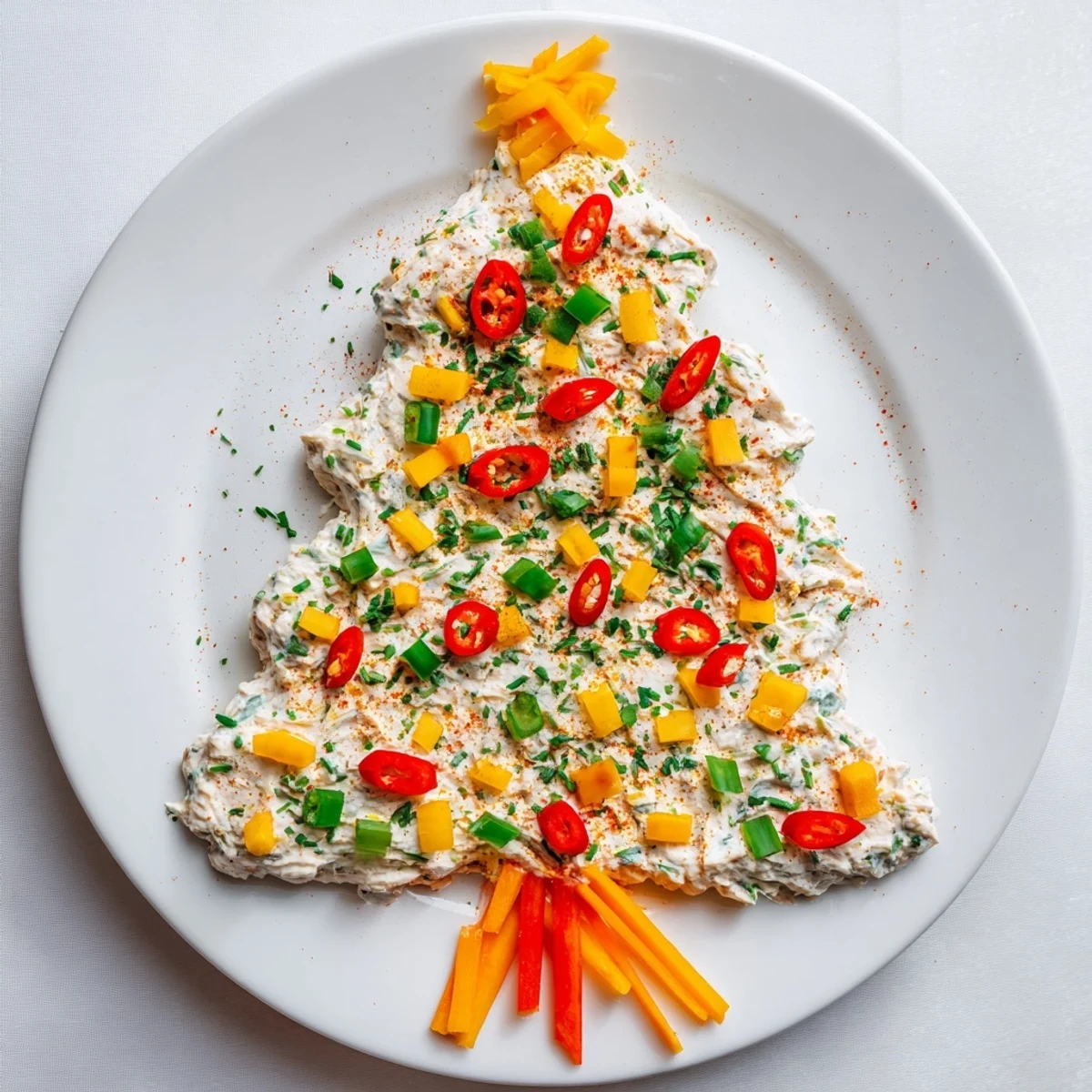 Festive Chili Pepper Christmas Tree Dip, a creamy, spicy appetizer, beautifully shaped and ready to enjoy.