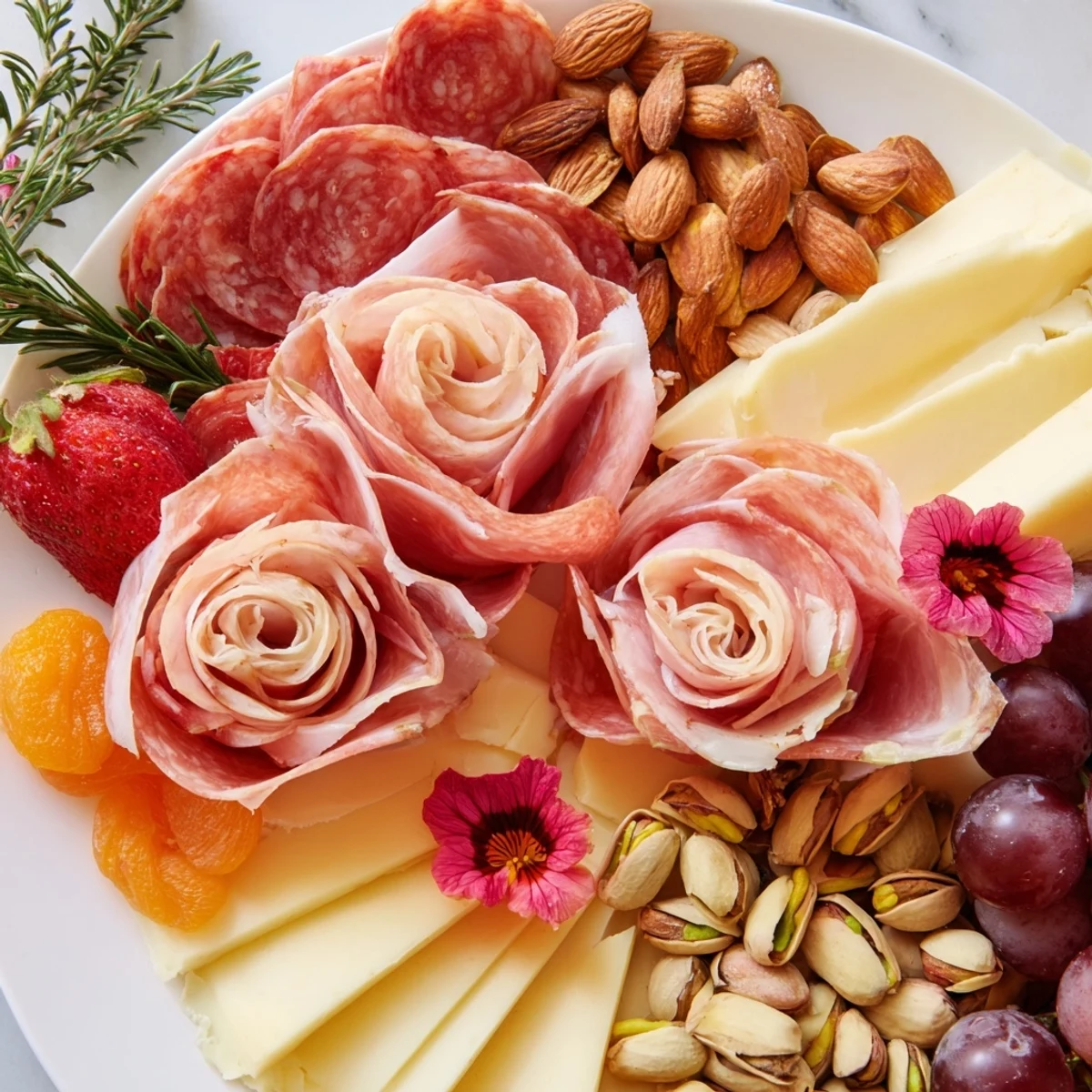 A visually stunning Meat and Cheese Rose Garden Board showcasing artfully arranged charcuterie, fruits, and olives.