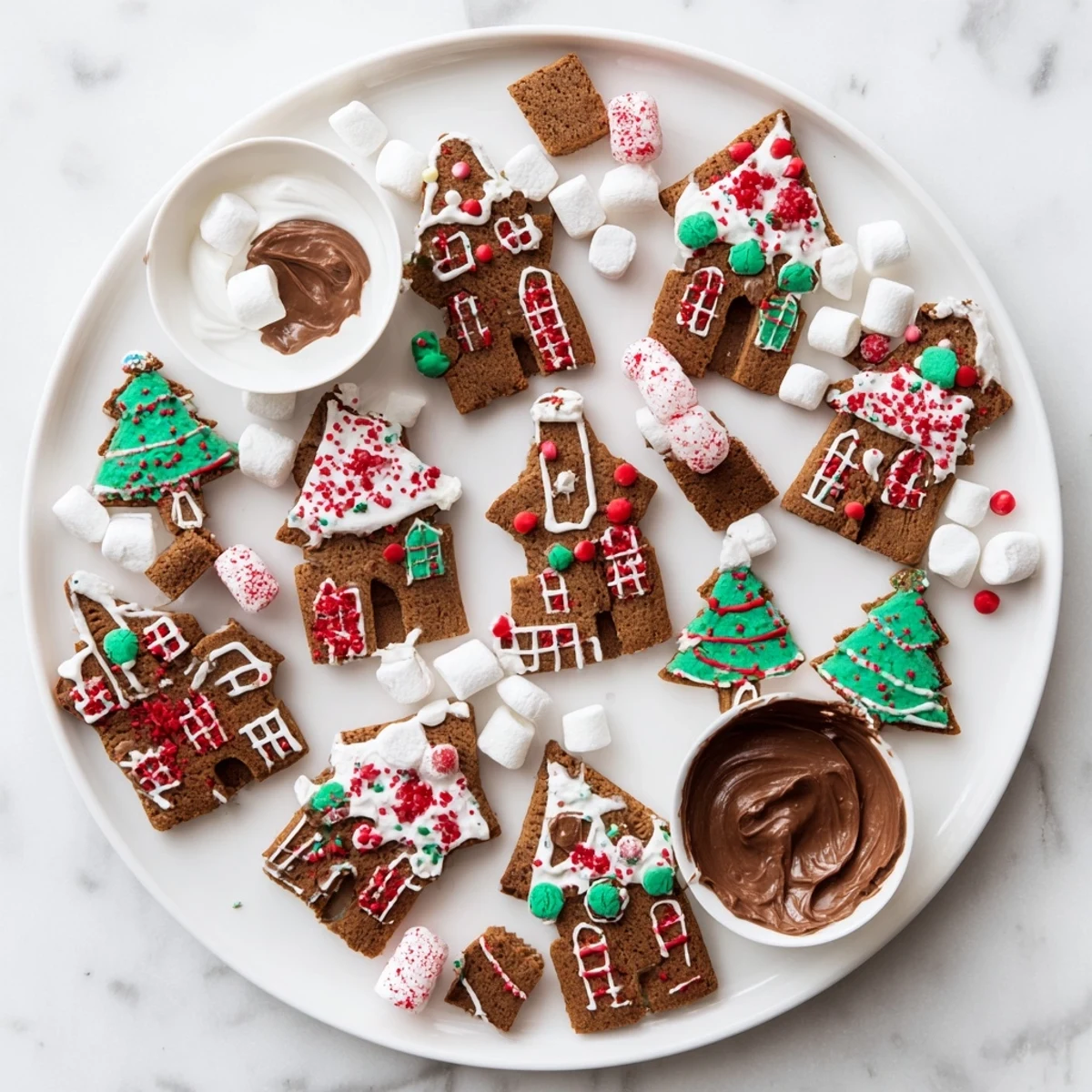 A beautifully arranged Sweet Board: Gingerbread Village, featuring festive gingerbread cookies and colorful candies.