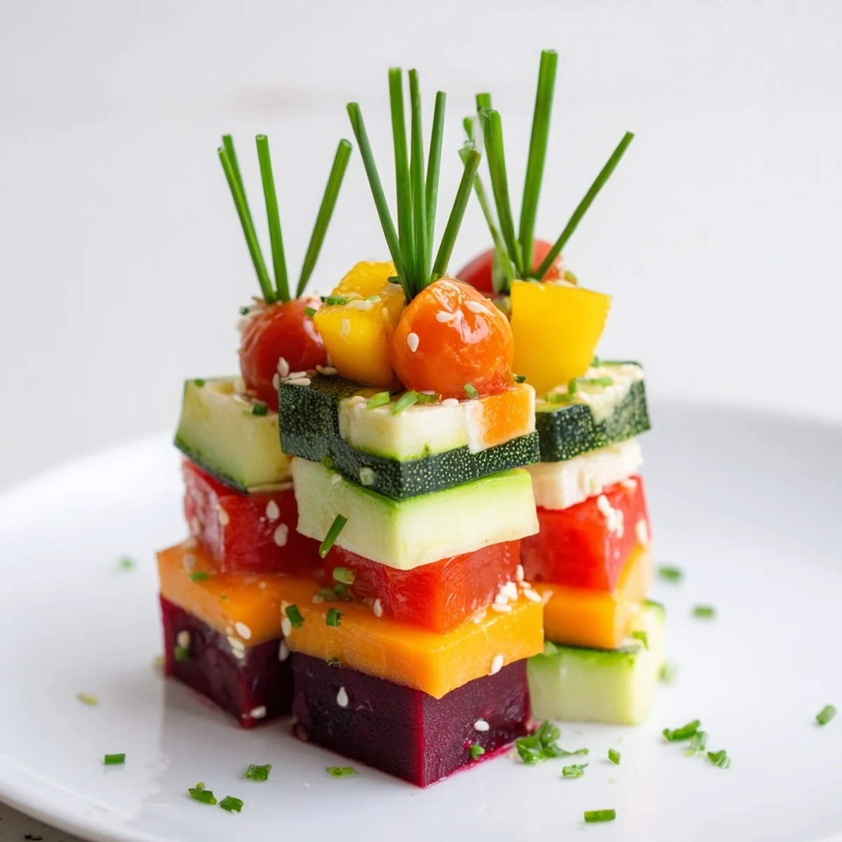 Vibrant Stacked Gift Box Veggie Cubes, a delightful appetizer with colorful layered vegetable blocks.