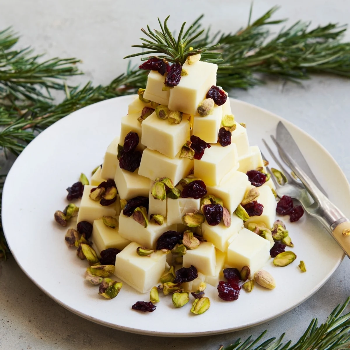 Festive cranberry white cheddar tree bursting with color, perfect for holiday appetizers, served with crackers.