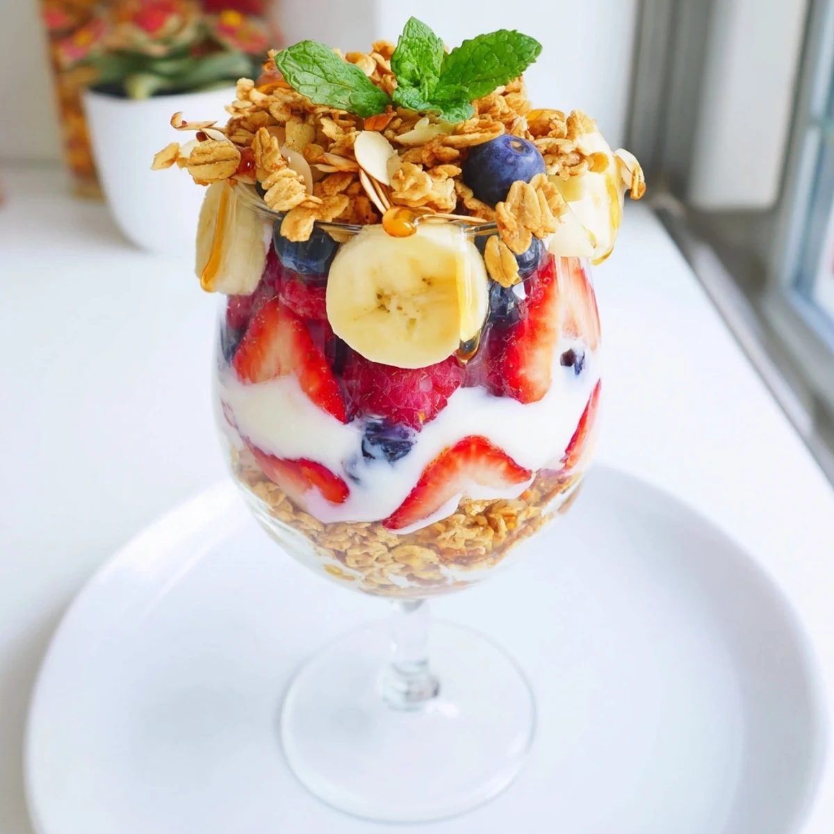 A delightful view of yogurt and granola parfait glasses, a creamy, crunchy, and beautiful layered breakfast idea.